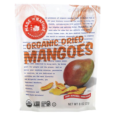 Made in Nature органическое сушеное манго, созревшее на дереве и не обработанное сернистым газом, 227г (8унций)