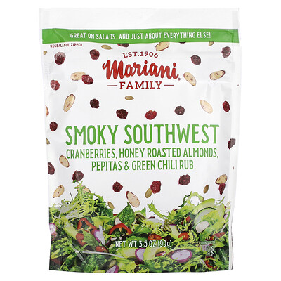 

Mariani Dried Fruit Smoky Southwest Cranberries Honey Roasted Almonds Pepitas & Green Chili Rub 3.5 oz (99 g)