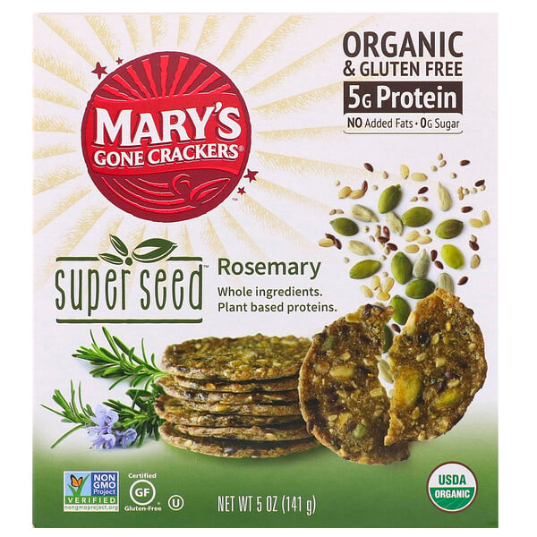 Mary's Gone Crackers‏, קרקרים מסדרת Super Seed‏, רוזמרין, 141 גרם (5 אונקיות)