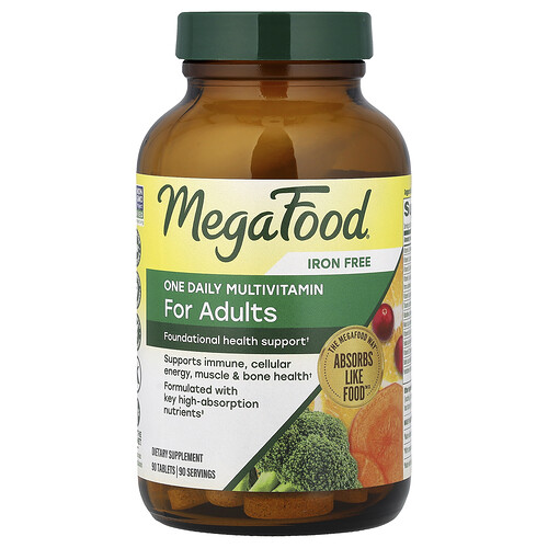 MegaFood, Suplemento multivitamínico de una ingesta diaria Sin hierro, 90 comprimidos