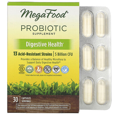 

MegaFood Пищевая добавка с пробиотиками, Здоровье пищеварительной системы, 30 капсул