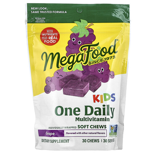 MegaFood, Kids One Daily, Masticables blandos multivitamínicos, Uva, 30 comprimidos masticables blandos envueltos individualmente