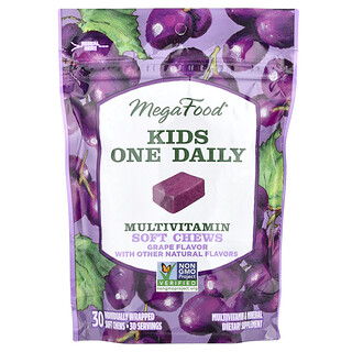 MegaFood, Kids One Daily, Masticables blandos multivitamínicos, Uva, 30 comprimidos masticables blandos envueltos individualmente