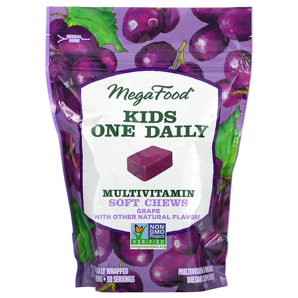 MegaFood, 兒童每日一片多維生素軟咀嚼片，葡萄味，30 片獨立包裝軟咀嚼片