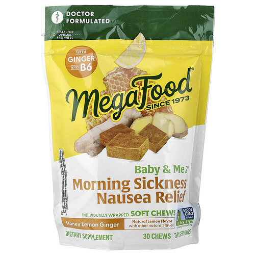 MegaFood, Baby & Me2®, Morning Sickness Übelkeit, Linderung von Morgenkrankheit und Übelkeit, Honig-Zitrone-Ingwer, 30 Kau-Snacks