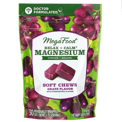 MegaFood Relax + Calm Magnesium Soft Chews, Grape, 30 Individually Wrapped Soft Chews
