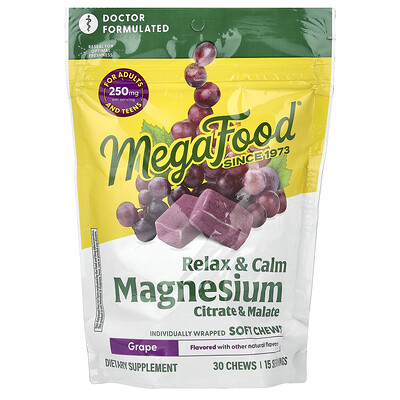 MegaFood, Magnesio, Citrato y malato, Uva, 30 comprimidos masticables blandos en envoltorios individuales (125 mg por comprimido)