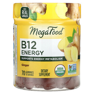 MegaFood, B12 Energi, Ingefær, 70 vingummier