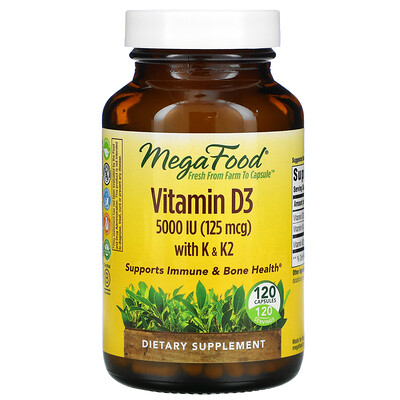MegaFood Vitamin D3 with K & K2 , 5,000 IU (125 mcg), 120 Capsules