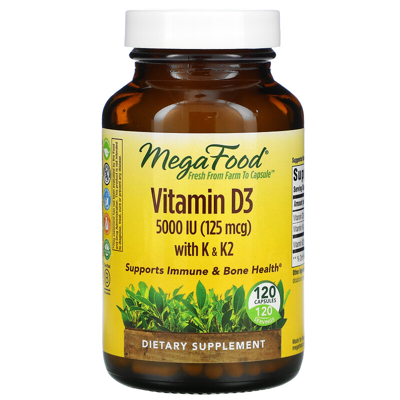 MegaFood, Vitamin D3 with K & K2 , 5,000 IU (125 mcg), 120 Capsules iHerb