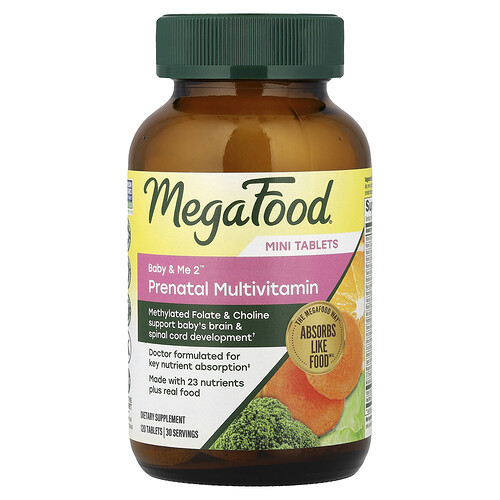 MegaFood, Baby & Me 2™, Suplemento multivitamínico prenatal, 120 comprimidos