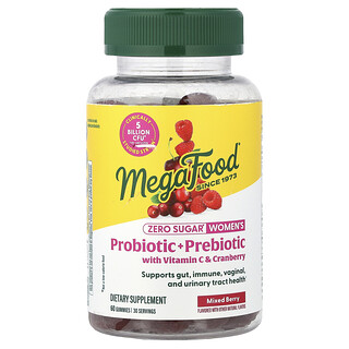 MegaFood, Probiótico + Prebiótico para Mulheres com Vitamina C e Gomas de Cranberry, Frutos Silvestres Mistos, 60 Gomas
