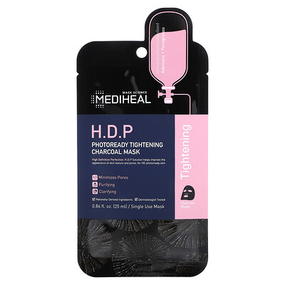 Mediheal H.D.P., угольная тканевая маска, для повышения упругости кожи, 1 шт., 25 мл (0,84 жидк. унции)
