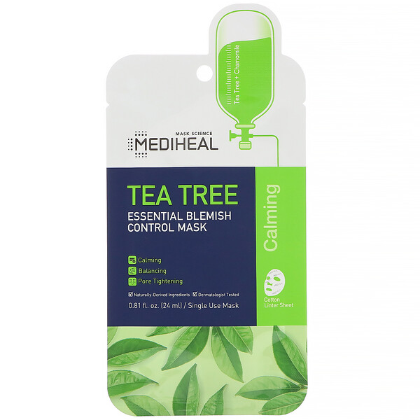 Mediheal‏, قناع تجميلي عطري للتحكم في آثار الحبوب، مستخلص من شجرة الشاي، 5 أقنعة ورقية، 0.81 أونصة سائلة (24 مل) لكل قناع