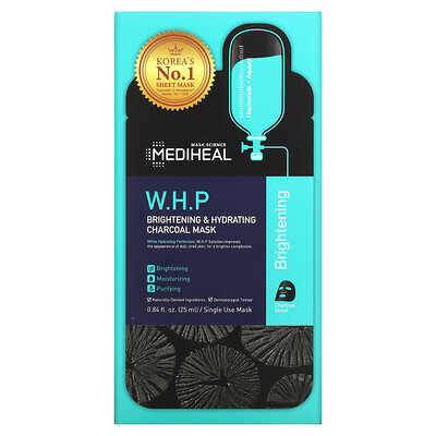 Mediheal W.H.P., осветляющая и увлажняющая, тканевая угольная маска, 5 шт., по 25 мл (0,84 жидк. унции)