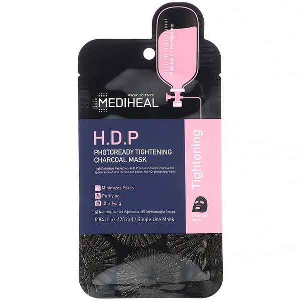 Mediheal, قناع فحم لشد البشرة استعدادًا للصور، بمحلول H.D.P، عدد 5 أقنعة ورقية، 0.84 أونصة سائلة (25 مل) لكل واحد