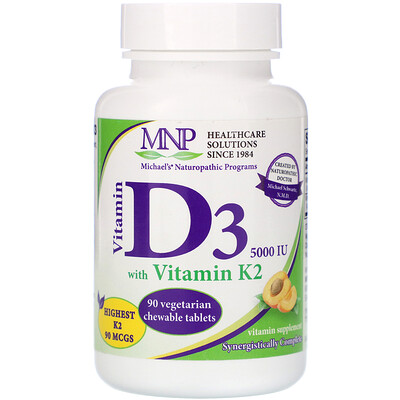 Michael's Naturopathic витамин D3, с витамином K2, вкус натурального абрикоса, 125 мкг (5000 МЕ), 90 вегетарианских жевательных таблеток
