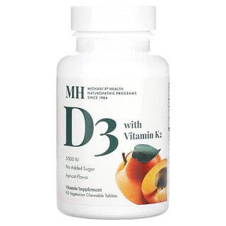 Michael's Health, витамин D3, с витамином K2, вкус абрикоса, 5000 мкг, 90 вегетарианских жевательных таблеток