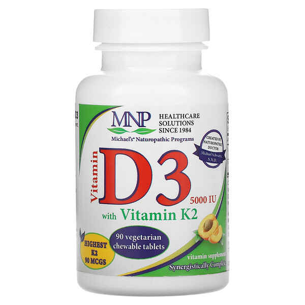 Michael's Naturopathic, витамин D3, с витамином K2, вкус абрикоса, 5000 мкг, 90 вегетарианских жевательных таблеток