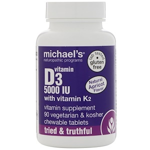 Купить Michael's Naturopathic, Витамин D3, с витамином K2, натуральным абрикосовым вкусом, 5000 ИЕ, 90 жевательных таблеток  на IHerb