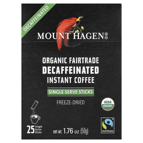 Mount Hagen Organic Fairtrade Instant Coffee, Decaffeinated, 25 Single Serve Sticks, 1.76 oz (50 g)
