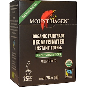 Отзывы о Маунт Хаген, Organic Fairtrade, Decaffeinated Instant Coffee, 25 Sticks, 1.76 oz (50 g)