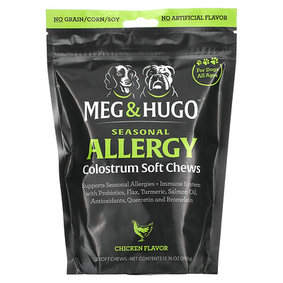 

Meg & Hugo Seasonal Allergy, жевательные таблетки с молозивом, для собак, для всех возрастов, курица, 120 жевательных таблеток, 390 г (13,76 унции)