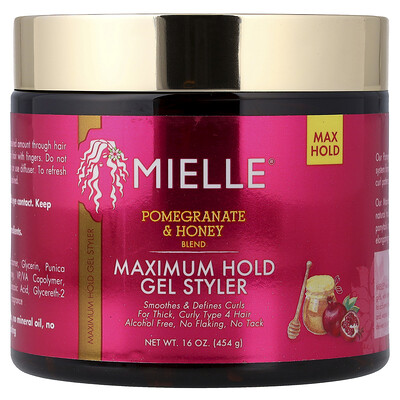 Mielle, Gel moldeador de fijación máxima, Para cabello grueso y rizado, Mezcla de granada y miel, 454 g (16 oz)