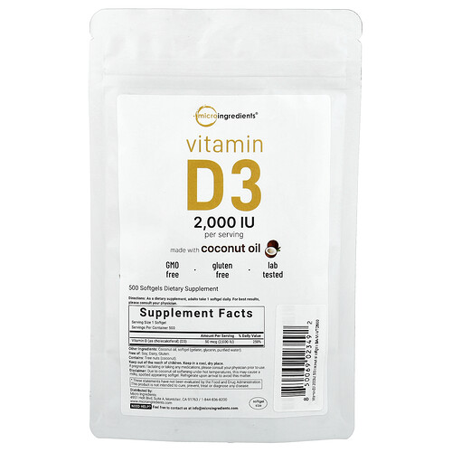 Micro Ingredients, Vitamin D3, 2,000 IU, 500 Softgels