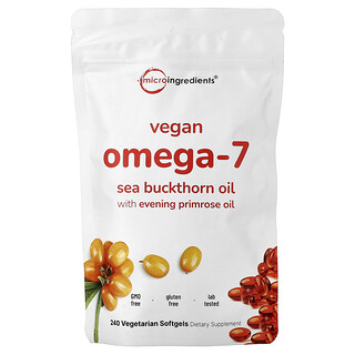 Micro Ingredients, веганское облепиховое масло с омега-7 и маслом примулы вечерней, 240 вегетарианских капсул