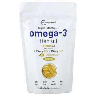 Micro Ingredients, рыбий жир с омега-3, тройная сила, лимон, 120 капсул (1400 мг в 1 капсуле)