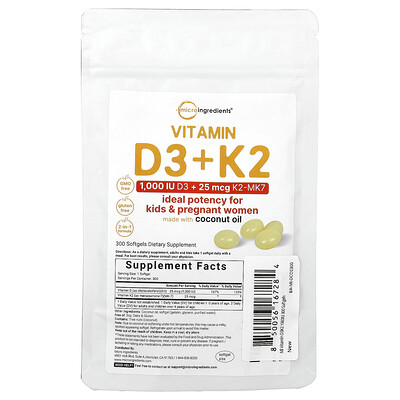 Micro Ingredients, Vitaminas D3 y K2, 300 cápsulas blandas