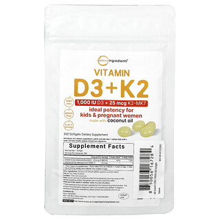 Micro Ingredients, Vitamin D3 + K2, 300 Capsules