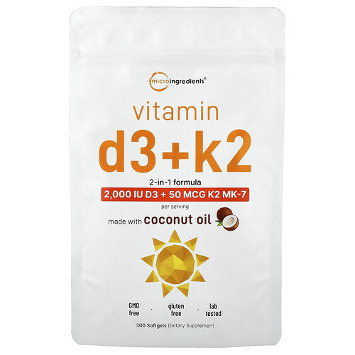 Micro Ingredients Vitamin D3 + K2, 300 Softgels