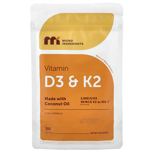 Micro Ingredients, Vitamin D3 + K2, 300 Weichkapseln