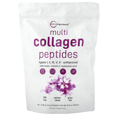 Micro Ingredients, Péptidos de colágeno múltiple, Sin sabor, 40 sobres, 11 g (0,39 oz) cada uno