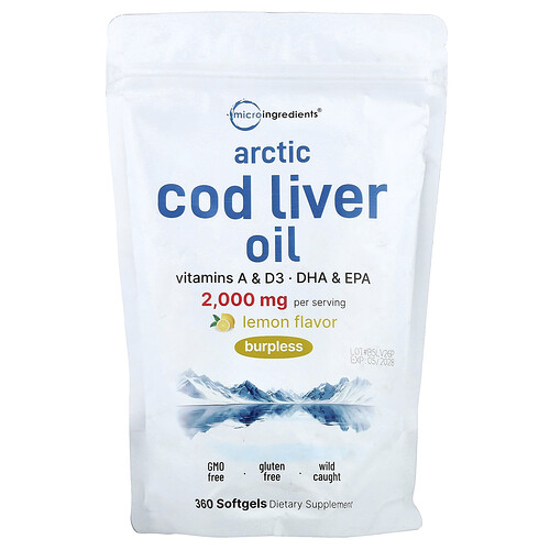 Micro Ingredients Arctic Cod Liver Oil, Lemon, 360 Softgels (666 mg per Softgel)