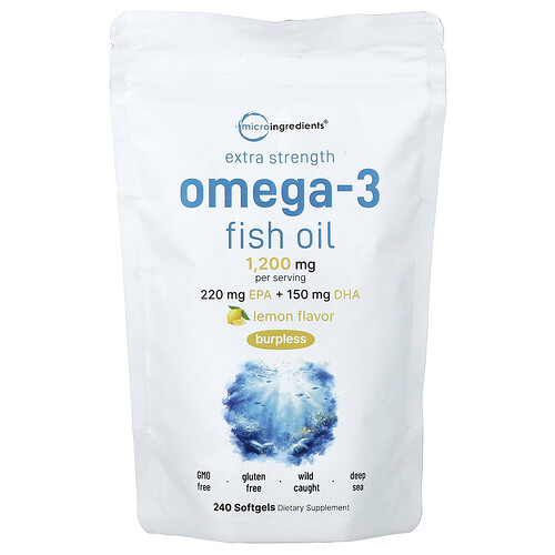 Micro Ingredients Omega-3 Fish Oil, Lemon , 240 Softgels (600 mg per Softgel)