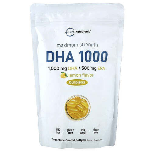 Micro Ingredients DHA 1000, Lemon, 200 Enteric Coated Softgels
