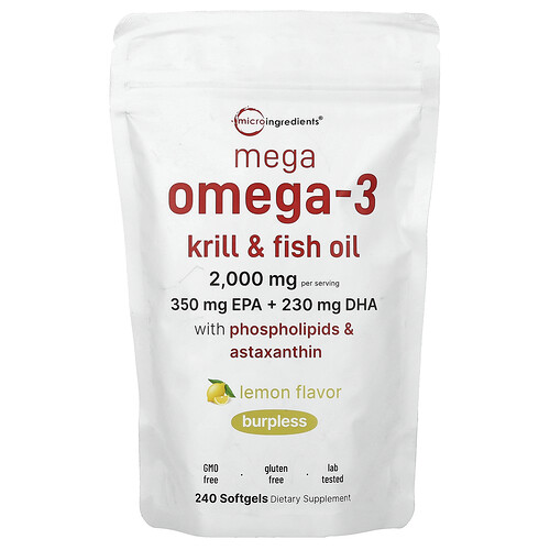 Micro Ingredients Mega Omega-3 Krill & Fish Oil With Phospholipids & Astaxanthin, Lemon, 240 Softgels