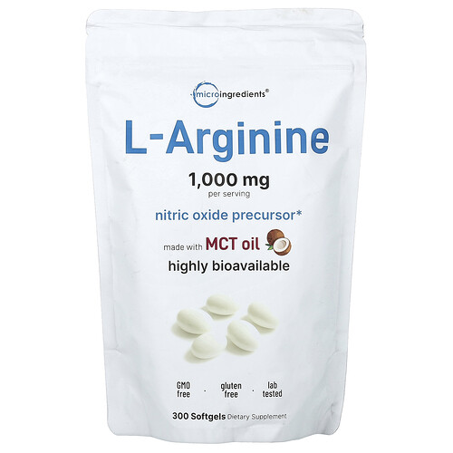 Micro Ingredients L-Arginine, 300 Softgels (250 mg per Softgel)