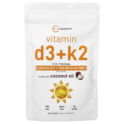 Micro Ingredients, Vitaminas D3 y K2, 300 cápsulas blandas