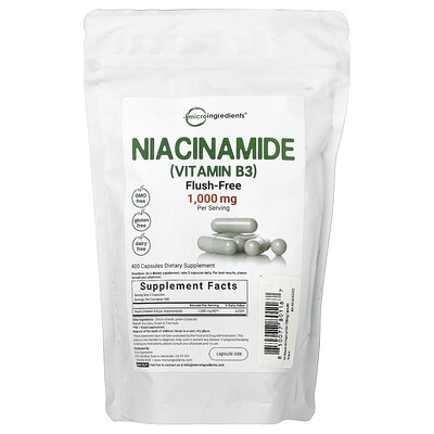 Micro Ingredients, Niacinamida (vitamina B3), 400 cápsulas (500 mg por cápsula)