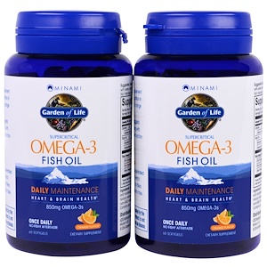 Купить Minami Nutrition, Минами, сверхкритический рыбий жир Омега-3, апельсиновый вкус, 850 мг, 2 флакона, 60 мягких желатиновых капсул  на IHerb
