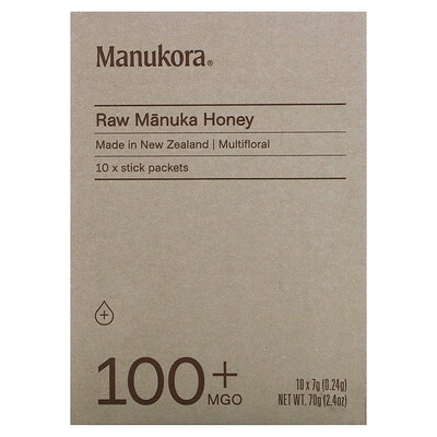 

Manukora необработанный мед манука, 100 + MGO, 10 пакетиков-стиков, 7 г (0,24 унции) каждый