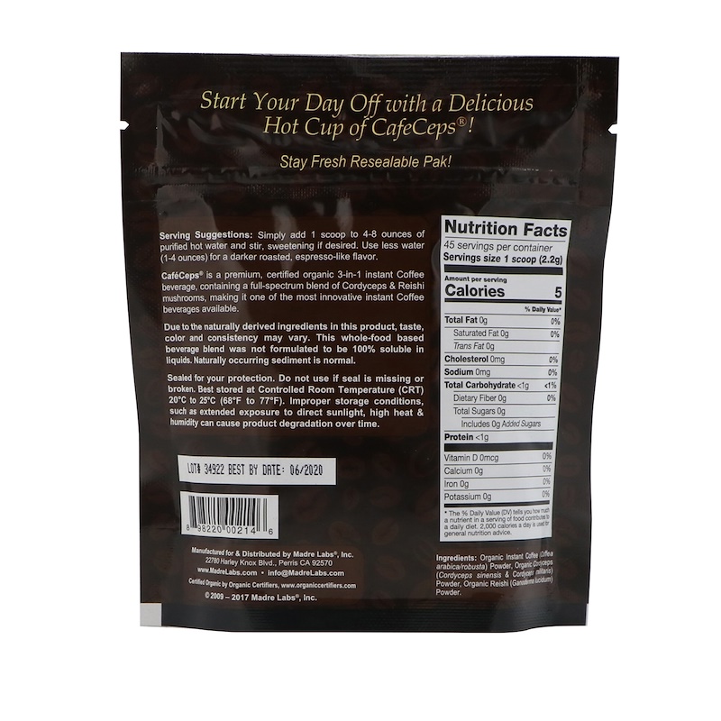 Madre Labs, CafeCeps, Certified Organic Instant Coffee with Cordyceps