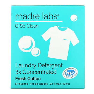 Купить Madre Labs Laundry Detergent, Fresh Cotton, 6 Pouches, 4 fl oz (118 ml) Each