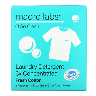 Madre Labs, Laundry Detergent, 3x Concentrate, Fresh Cotton, 6 Pouches, 4 fl oz (118 ml) Each