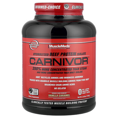 MuscleMeds, Carnivor™, Aislado de proteína de carne de res hidrolizada, Caramelo de vainilla, 1775 g (3,9 lb)