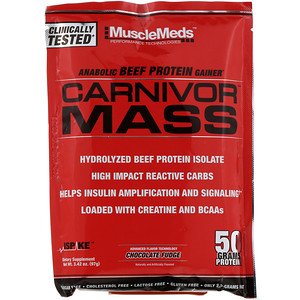 Отзывы о МаслМэдс, Carnivor Mass, Anabolic Beef Protein Gainer, Chocolate Fudge, 3.42 oz (97 g)